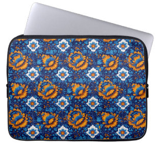 Ornate Floral Pattern in Blue and Orange Tiles Laptop Sleeve