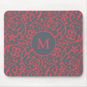 Ornate Floral Pattern in Pink and Grey Monogram Mouse Pad