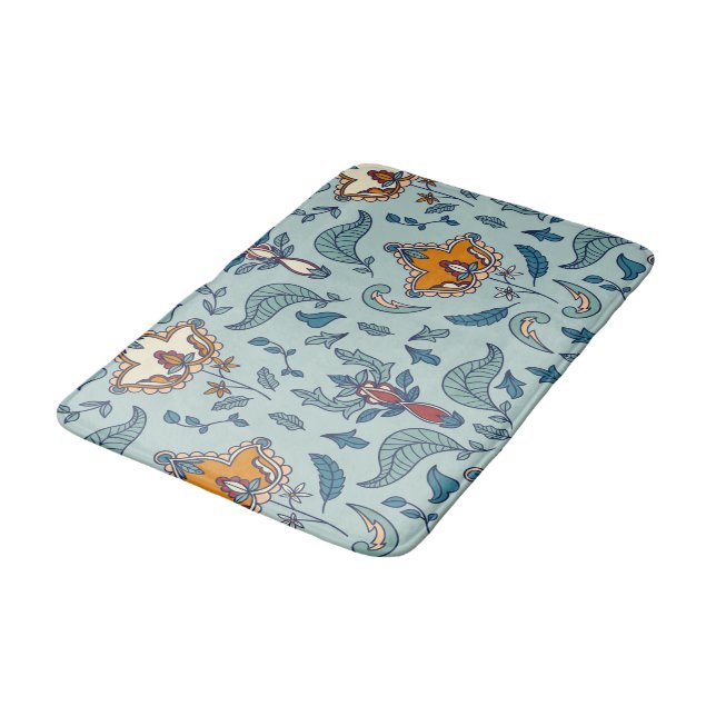 Ornate floral pattern on a pale blue background bath mat (Angled)