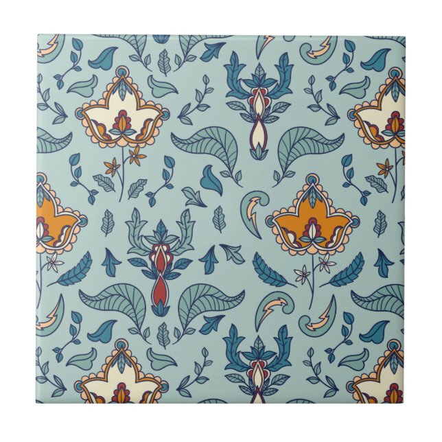 Ornate floral pattern on a pale blue background ceramic tile (Front)