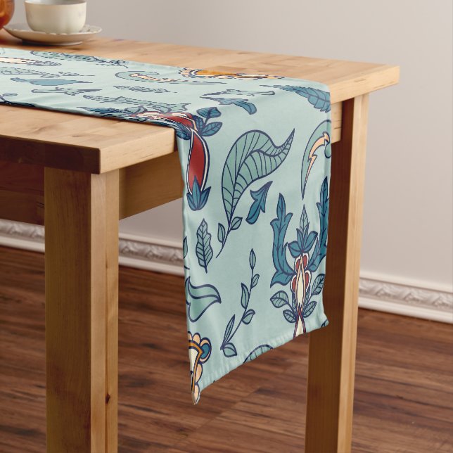 Ornate floral pattern on a pale blue background short table runner (In Situ)