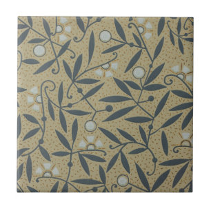 Ornate floral pattern with dark blue vines ceramic tile