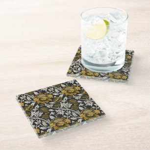 Ornate floral pattern with large gold flowers  glass coaster