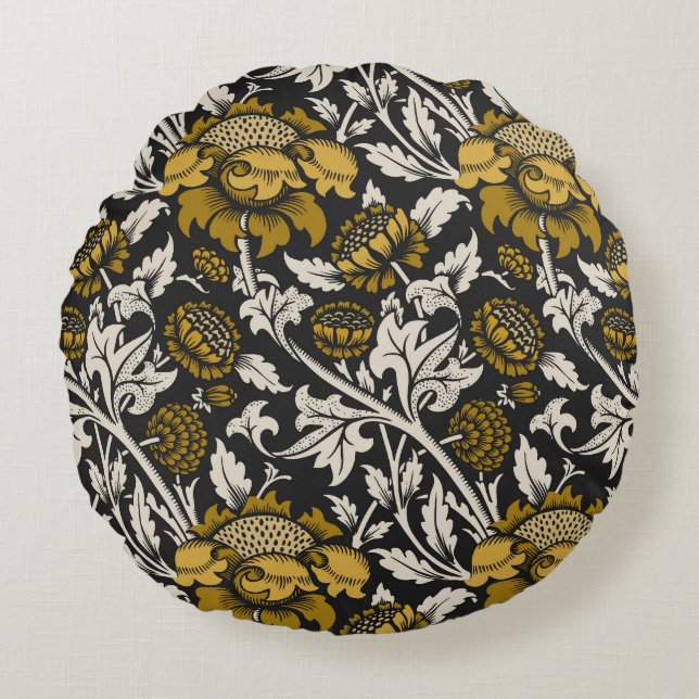 Ornate floral pattern with large gold flowers  round cushion (Front)