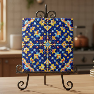 Ornate Floral Vibrant Blue Gold Mediterranean Ceramic Tile