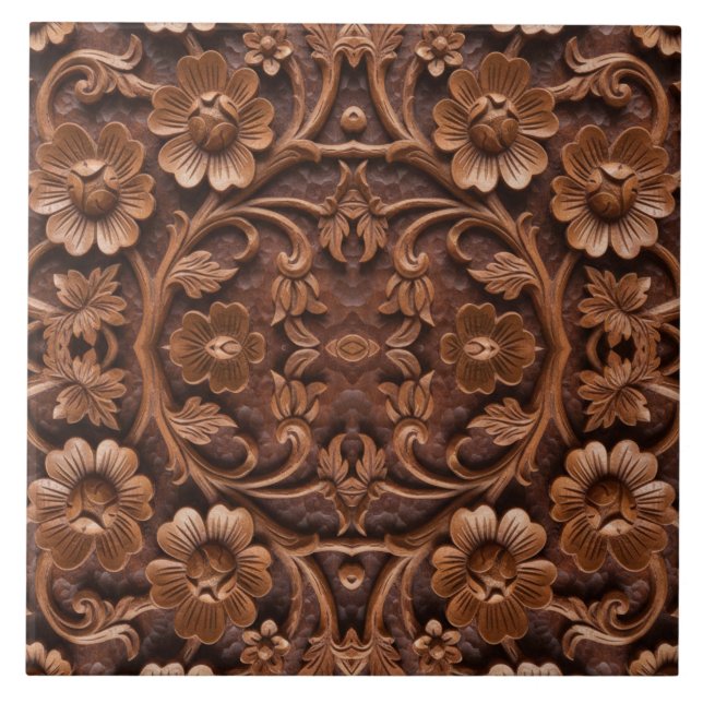Ornate Floral Wood-Carved Mandala Pattern Ceramic Tile (Front)