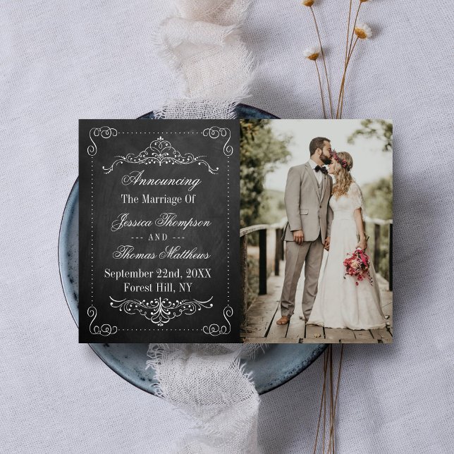 Ornate Flourish Chalkboard Wedding Photo Marriage Announcement (Creator Uploaded)