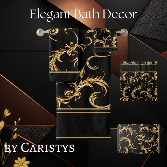 Ornate Flourishes Black and Gold Bath Towel Set (Creator Uploaded)