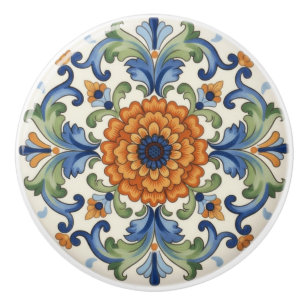 Ornate Flower Blue Orange Green Floral Ceramic Knob