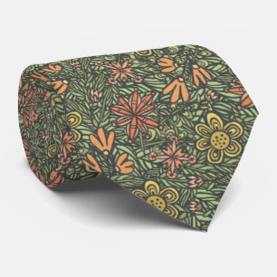 Ornate Flowers and Foliage, Green & Orange Tie