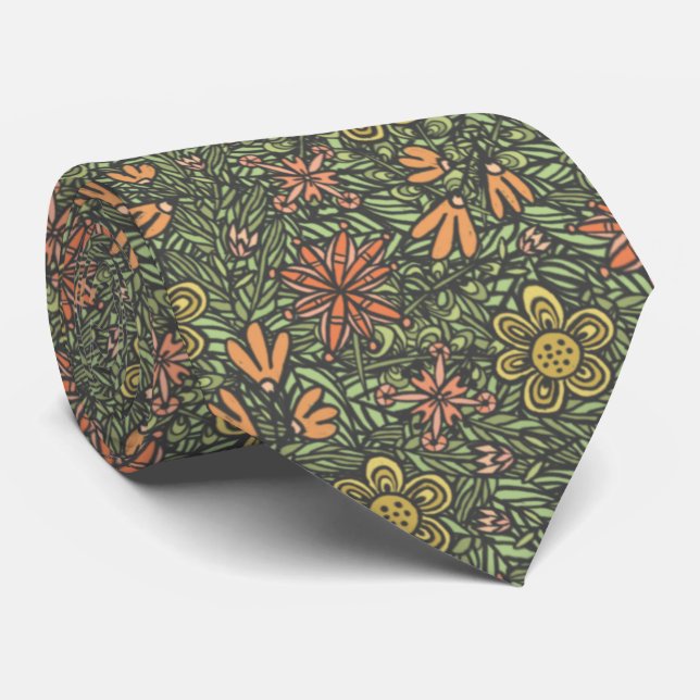 Ornate Flowers and Foliage, Green & Orange Tie (Rolled)
