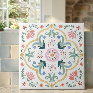 Ornate Folk Art Floral Decorative Tile