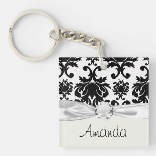 ornate formal black white damask key ring
