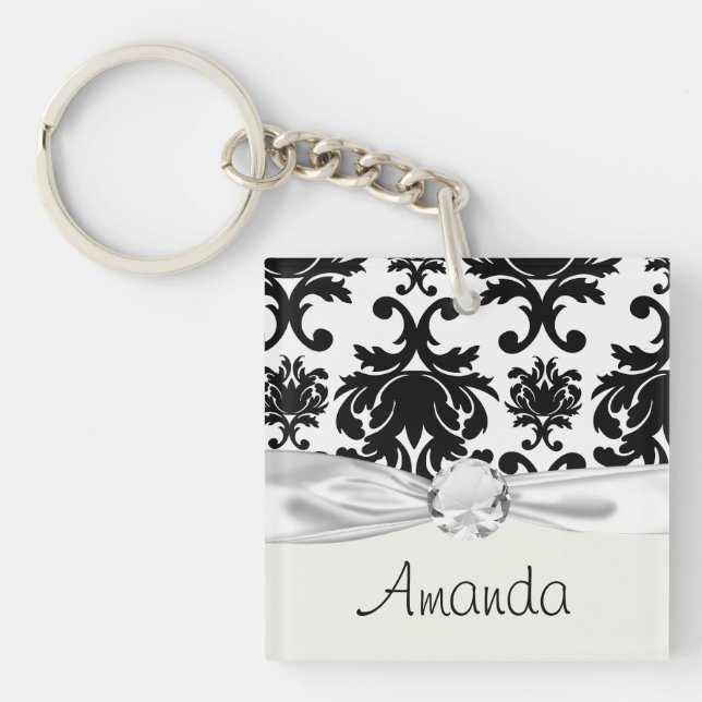 ornate formal black white damask key ring (Front)