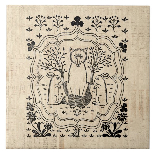 Ornate Fox and Bunny Rabbits Cute Animal Art Ceramic Tile (Front)