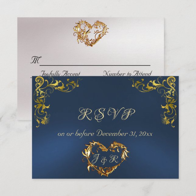 Ornate Frame & Heart - Blue/Gold RSVP Card (Front/Back)