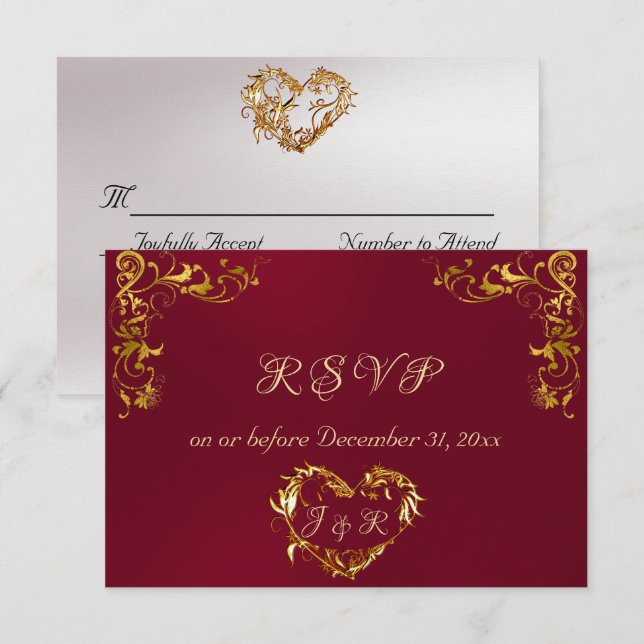 Ornate Frame & Heart - Burgundy/Gold RSVP Card (Front/Back)