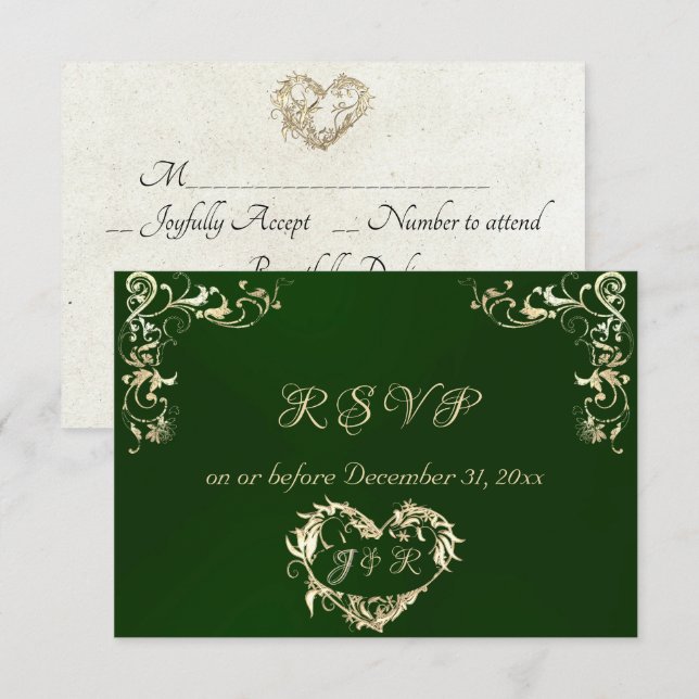 Ornate Frame & Heart - Emerald RSVP Card (Front/Back)