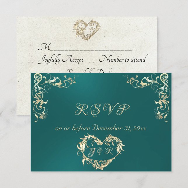 Ornate Frame & Heart - Teal RSVP Card (Front/Back)