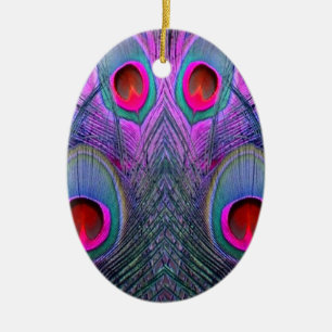 Ornate Fuchsia-Purple  Peacock Feathers GIFTS Ceramic Tree Decoration