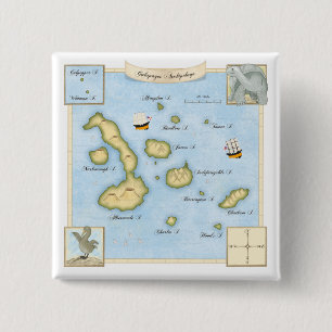 Ornate Galapagos Archipelago Map with Sailing Ship 15 Cm Square Badge
