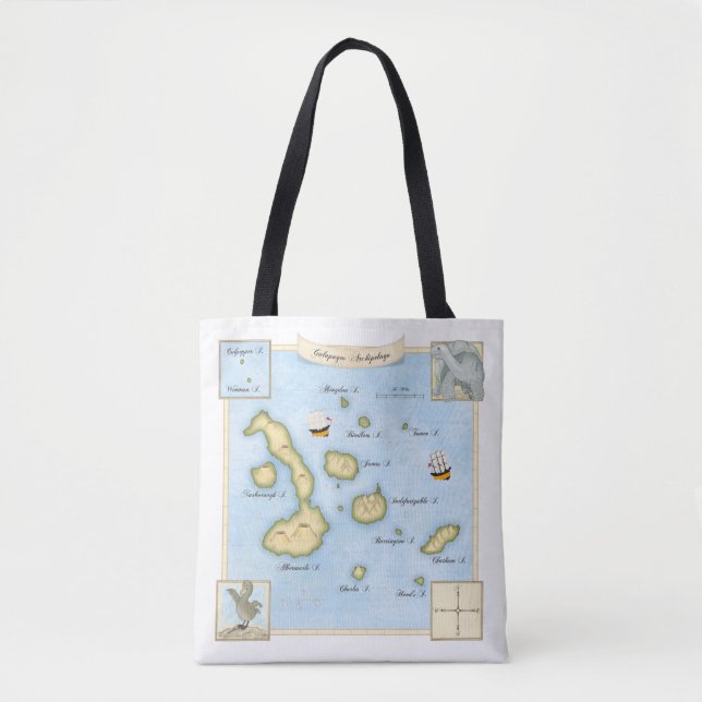 Ornate Galapagos Islands Map with Sailing Ships Tote Bag (Front)