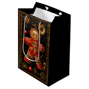 Ornate Gingerbread Cookie Black Red Gold Christmas Medium Gift Bag