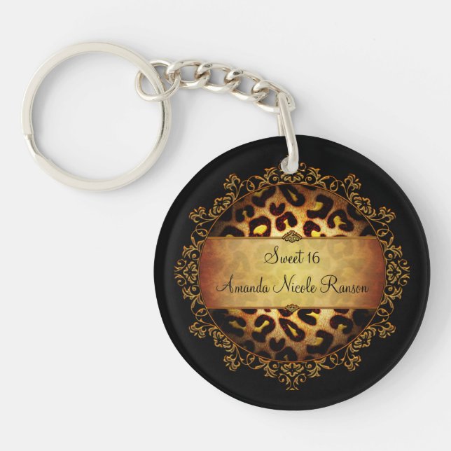 Ornate Girly Sweet 16 Leopard Print Key Chain (Front)