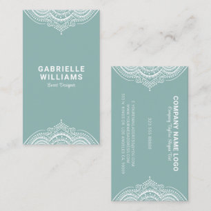 Ornate Girly White Lace Frame On Sage-Green Business Card
