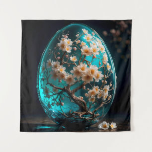 Ornate Glass Egg with Blooming Sakura Tree Tapestry