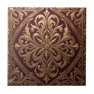 Ornate Gold Acanthus Pattern Deep Red Baroque Ceramic Tile