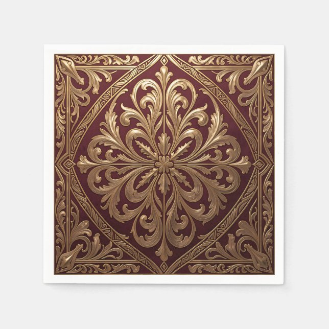 Ornate Gold Acanthus Pattern Deep Red Baroque Napkin (Front)
