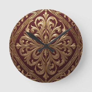 Ornate Gold Acanthus Pattern Deep Red Baroque Round Clock
