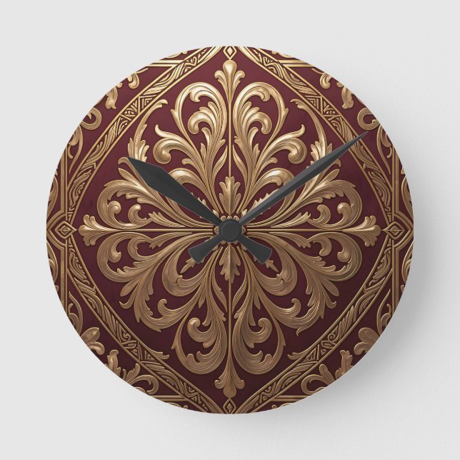 Ornate Gold Acanthus Pattern Deep Red Baroque Round Clock (Front)