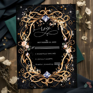 Ornate Gold and Diamonds Black Wedding RSVP Card