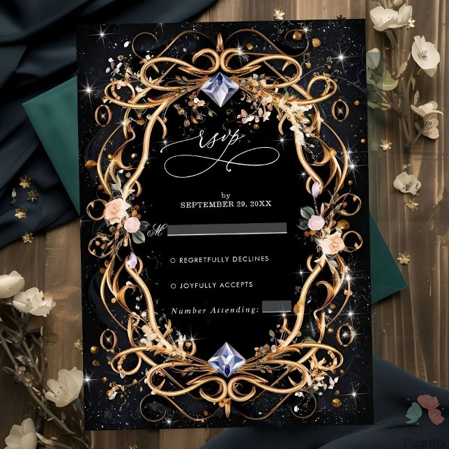 Ornate Gold and Diamonds Black Wedding RSVP Card (Creator Uploaded)