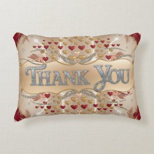 Ornate Gold and Red Heart Pattern with Feathers Decorative Cushion