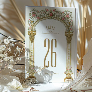 Ornate Gold Arch & Pink Roses Table Number