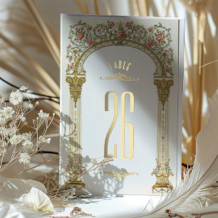 Ornate Gold Arch & Pink Roses Table Number