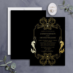 Ornate Gold Black Floral Line Art Monogram Wedding