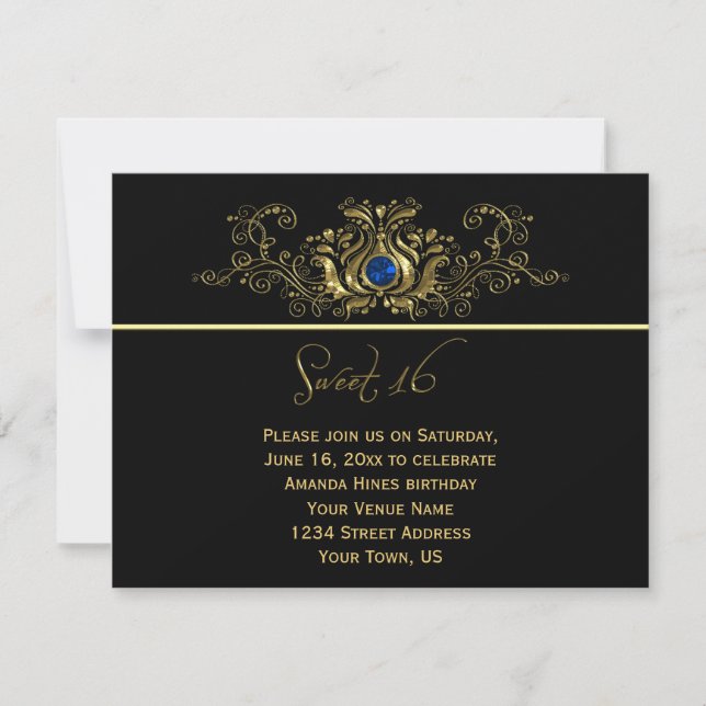 Ornate Gold Black Swirls Blue Jewel Sweet 16 Invitation (Front)