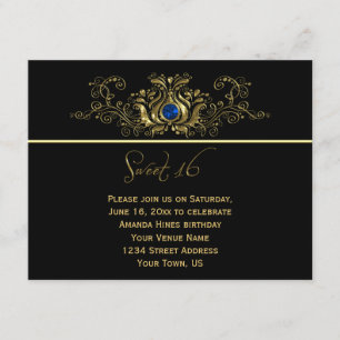 Ornate Gold Black Swirls Blue Jewel Sweet 16 Invitation