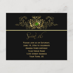 Ornate Gold Black Swirls Green Jewel Sweet 16 Invitation
