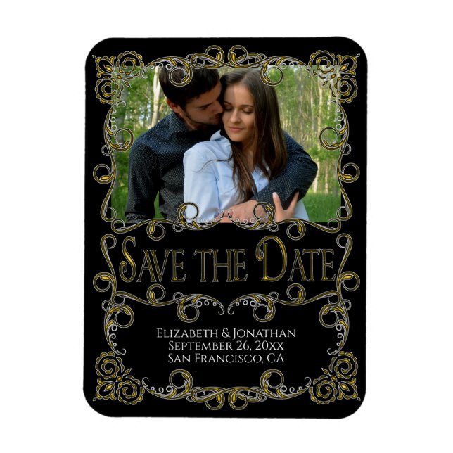 Ornate Gold & Black Wedding Save the Date Photo Magnet (Vertical)