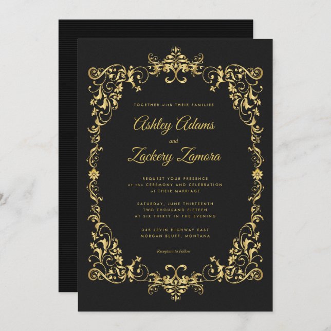 Ornate gold border on black wedding invitation (Front/Back)