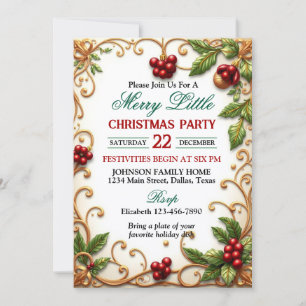 Ornate Gold Border with Holly Christmas Party Invitation