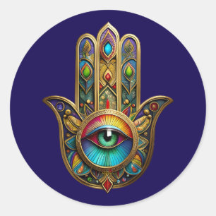 Ornate Gold Colorful Hamsa Green on Red Third Eye Classic Round Sticker