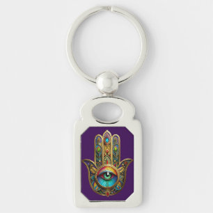 Ornate Gold Colorful Hamsa Green on Red Third Eye Key Ring
