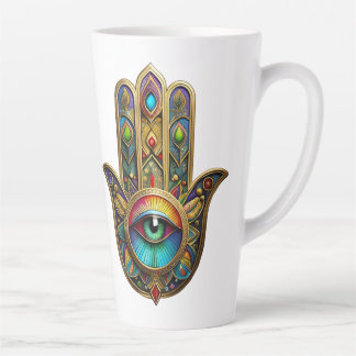 Ornate Gold Colorful Hamsa Green on Red Third Eye Latte Mug