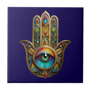 Ornate Gold Colourful Hamsa Green on Red Third Eye Ceramic Tile